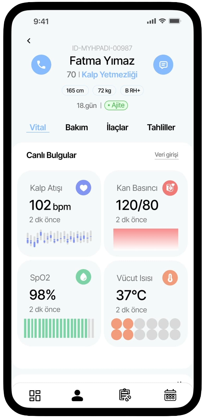 Wecare360 uygulamasında canlı bulgular özeti